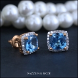 2.80 Carat (ctw) 14K Rose Gold Cushion Cut Blue Topaz & Round Cut White Diamond Ladies Square Frame Halo Stud Earrings