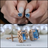 2.80 Carat (ctw) 14K Rose Gold Cushion Cut Blue Topaz & Round Cut White Diamond Ladies Square Frame Halo Stud Earrings