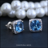 2.80 Carat (ctw) 14K White Gold Cushion Cut Blue Topaz & Round Cut White Diamond Ladies Square Frame Halo Stud Earrings