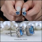 2.80 Carat (ctw) 14K White Gold Cushion Cut Blue Topaz & Round Cut White Diamond Ladies Square Frame Halo Stud Earrings