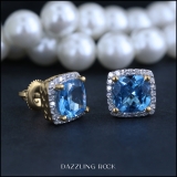2.80 Carat (ctw) 14K Yellow Gold Cushion Cut Blue Topaz & Round Cut White Diamond Ladies Square Frame Halo Stud Earrings