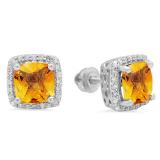 2.80 Carat (ctw) 14K White Gold Cushion Cut Citrine & Round Cut White Diamond Ladies Square Frame Halo Stud Earrings