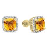 2.80 Carat (ctw) 14K Yellow Gold Cushion Cut Citrine & Round Cut White Diamond Ladies Square Frame Halo Stud Earrings