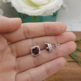 2.80 Carat (ctw) 10K White Gold Cushion Cut Garnet & Round Cut White Diamond Ladies Square Frame Halo Stud Earrings