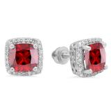 2.80 Carat (ctw) 14K White Gold Cushion Cut Garnet & Round Cut White Diamond Ladies Square Frame Halo Stud Earrings