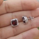 2.80 Carat (ctw) 14K White Gold Cushion Cut Garnet & Round Cut White Diamond Ladies Square Frame Halo Stud Earrings