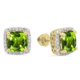 2.80 Carat (ctw) 14K Yellow Gold Cushion Cut Peridot & Round Cut White Diamond Ladies Square Frame Halo Stud Earrings