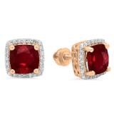 2.80 Carat (ctw) 14K Rose Gold Cushion Cut Ruby & Round Cut White Diamond Ladies Square Frame Halo Stud Earrings