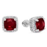 2.80 Carat (ctw) 14K White Gold Cushion Cut Ruby & Round Cut White Diamond Ladies Square Frame Halo Stud Earrings