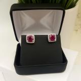 2.80 Carat (ctw) 14K White Gold Cushion Cut Ruby & Round Cut White Diamond Ladies Square Frame Halo Stud Earrings
