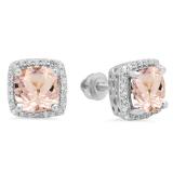 2.80 Carat (ctw) 10K White Gold Cushion Cut Morganite & Round Cut White Diamond Ladies Square Frame Halo Stud Earrings