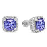 2.80 Carat (ctw) 14K White Gold Cushion Cut Tanzanite & Round Cut White Diamond Ladies Square Frame Halo Stud Earrings