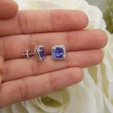 2.80 Carat (ctw) 14K White Gold Cushion Cut Tanzanite & Round Cut White Diamond Ladies Square Frame Halo Stud Earrings