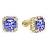 2.80 Carat (ctw) 14K Yellow Gold Cushion Cut Tanzanite & Round Cut White Diamond Ladies Square Frame Halo Stud Earrings