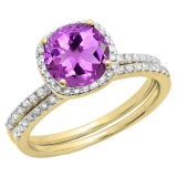 1.75 Carat (ctw) 10K Yellow Gold Round Cut Amethyst & White Diamond Ladies Bridal Halo Engagement Ring With Matching Band Set 1 3/4 CT
