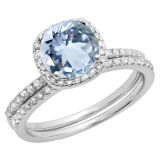 1.35 Carat (ctw) 14K White Gold Round Cut Aquamarine & White Diamond Ladies Bridal Halo Engagement Ring With Matching Band Set 1 3/4 CT