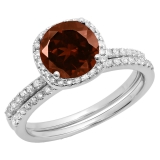 1.75 Carat (ctw) 14K White Gold Round Cut Garnet & White Diamond Ladies Bridal Halo Engagement Ring With Matching Band Set 1 3/4 CT