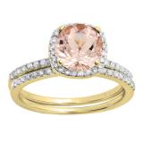 10K Yellow Gold Round 7 MM Morganite & Cubic Zirconia Ladies Halo Engagement Ring Set