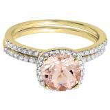 10K Yellow Gold Round 7 MM Morganite & Cubic Zirconia Ladies Halo Engagement Ring Set