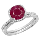 1.75 Carat (ctw) 10K White Gold Round Cut Ruby & White Diamond Ladies Bridal Halo Engagement Ring With Matching Band Set 1 3/4 CT