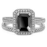 3.20 Carat (ctw) Sterling Silver Emerald Cut Black & Round White Cubic Zirconia CZ Ladies Halo Style Bridal Engagement Ring Set