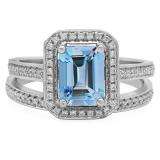 3.20 Carat (ctw) Sterling Silver Emerald Cut Sky Blue & Round White Cubic Zirconia CZ Ladies Halo Style Bridal Engagement Ring Set