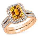 3.20 Carat (ctw) 10K Rose Gold Emerald Cut Yellow & Round White Cubic Zirconia CZ Ladies Halo Style Bridal Engagement Ring Set