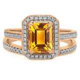 3.20 Carat (ctw) 10K Rose Gold Emerald Cut Yellow & Round White Cubic Zirconia CZ Ladies Halo Style Bridal Engagement Ring Set