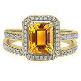 3.20 Carat (ctw) 10K Yellow Gold Emerald Cut Yellow & Round White Cubic Zirconia CZ Ladies Halo Style Bridal Engagement Ring Set