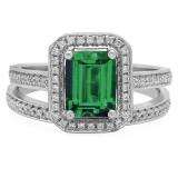 1.60 Carat (ctw) 10K White Gold Emerald Cut Forest Green & Round White Cubic Zirconia CZ Ladies Halo Style Bridal Engagement Ring Set