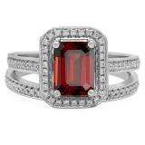 3.20 Carat (ctw) 10K White Gold Emerald Cut Deep Red & Round White Cubic Zirconia CZ Ladies Halo Style Bridal Engagement Ring Set
