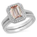 3.20 Carat (ctw) Sterling Silver Emerald Cut Peach & Round White Cubic Zirconia CZ Ladies Halo Style Bridal Engagement Ring Set