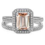 3.20 Carat (ctw) Sterling Silver Emerald Cut Peach & Round White Cubic Zirconia CZ Ladies Halo Style Bridal Engagement Ring Set