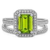3.20 Carat (ctw) Sterling Silver Emerald Cut Green & Round White Cubic Zirconia CZ Ladies Halo Style Bridal Engagement Ring Set