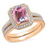 2.33 Carat (ctw) 10K Rose Gold Emerald Cut Pink & Round White Cubic Zirconia CZ Ladies Halo Style Bridal Engagement Ring Set