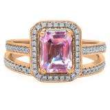 2.33 Carat (ctw) 10K Rose Gold Emerald Cut Pink & Round White Cubic Zirconia CZ Ladies Halo Style Bridal Engagement Ring Set