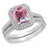 2.33 Carat (ctw) 10K White Gold Emerald Cut Pink & Round White Cubic Zirconia CZ Ladies Halo Style Bridal Engagement Ring Set