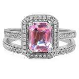 2.33 Carat (ctw) 10K White Gold Emerald Cut Pink & Round White Cubic Zirconia CZ Ladies Halo Style Bridal Engagement Ring Set