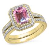 2.33 Carat (ctw) 10K Yellow Gold Emerald Cut Pink & Round White Cubic Zirconia CZ Ladies Halo Style Bridal Engagement Ring Set