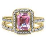 2.33 Carat (ctw) 10K Yellow Gold Emerald Cut Pink & Round White Cubic Zirconia CZ Ladies Halo Style Bridal Engagement Ring Set