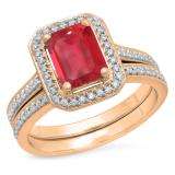 3.20 Carat (ctw) 10K Rose Gold Emerald Cut Red & Round White Cubic Zirconia CZ Ladies Halo Style Bridal Engagement Ring Set