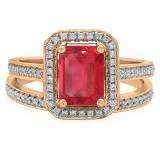 3.20 Carat (ctw) 10K Rose Gold Emerald Cut Red & Round White Cubic Zirconia CZ Ladies Halo Style Bridal Engagement Ring Set
