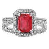 3.20 Carat (ctw) 10K White Gold Emerald Cut Red & Round White Cubic Zirconia CZ Ladies Halo Style Bridal Engagement Ring Set
