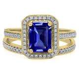 1.50 Carat (ctw) 10K Yellow Gold Emerald Cut Violet-Blue & Round White Cubic Zirconia CZ Ladies Halo Style Bridal Engagement Ring Set 1 1/2 CT