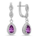 1.30 Carat (ctw) 10K White Gold Pear Cut Amethyst & Round Cut White Diamond Ladies Halo Style Dangling Drop Earrings