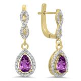 1.30 Carat (ctw) 10K Yellow Gold Pear Cut Amethyst & Round Cut White Diamond Ladies Halo Style Dangling Drop Earrings
