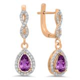 1.30 Carat (ctw) 18K Rose Gold Pear Cut Amethyst & Round Cut White Diamond Ladies Halo Style Dangling Drop Earrings