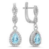 1.30 Carat (ctw) 10K White Gold Pear Cut Aquamarine & Round Cut White Diamond Ladies Halo Style Dangling Drop Earrings