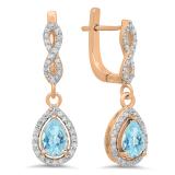 1.30 Carat (ctw) 14K Rose Gold Pear Cut Aquamarine & Round Cut White Diamond Ladies Halo Style Dangling Drop Earrings