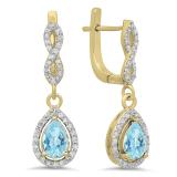 1.30 Carat (ctw) 14K Yellow Gold Pear Cut Aquamarine & Round Cut White Diamond Ladies Halo Style Dangling Drop Earrings